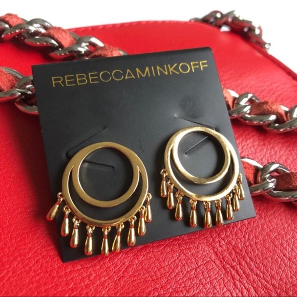 New REBECCA MINKOFF Double Hoop Multi Tear Drop Gold Earrings - Picture 5 of 6
